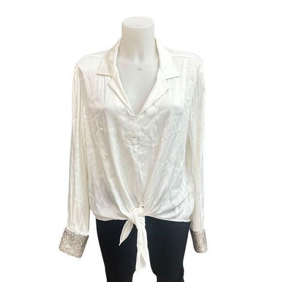 Karen Kane Off white V Neck Long Sleeve Sequined Cuff Tie‎ Front Blouse sz L NEW - Picture 1 of 10